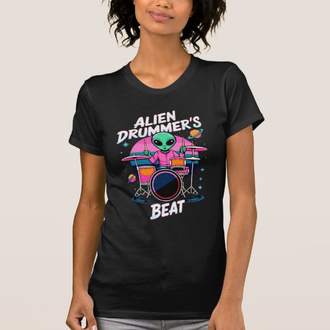 Alien Drummer's Beat T-shirt - Funky Alien Graphic (Front)