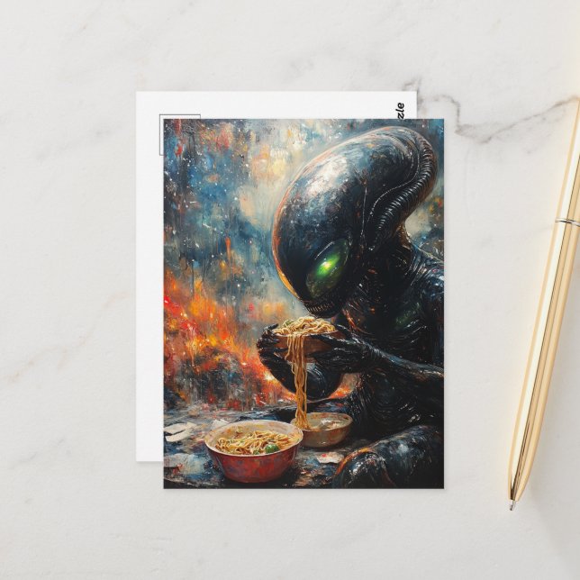 Alien Eating Noodles Postcard (Front/Back In Situ)