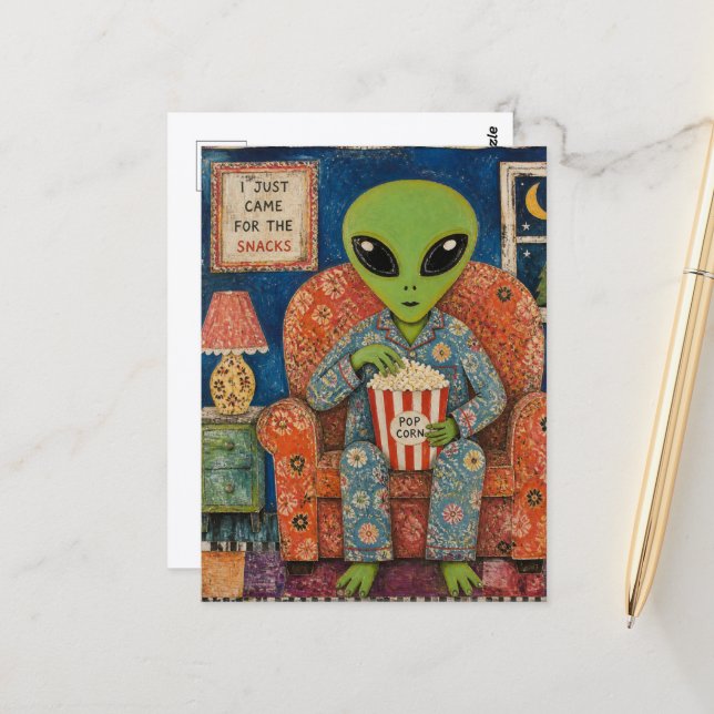 Alien Eating Popcorn Postcard (Front/Back In Situ)