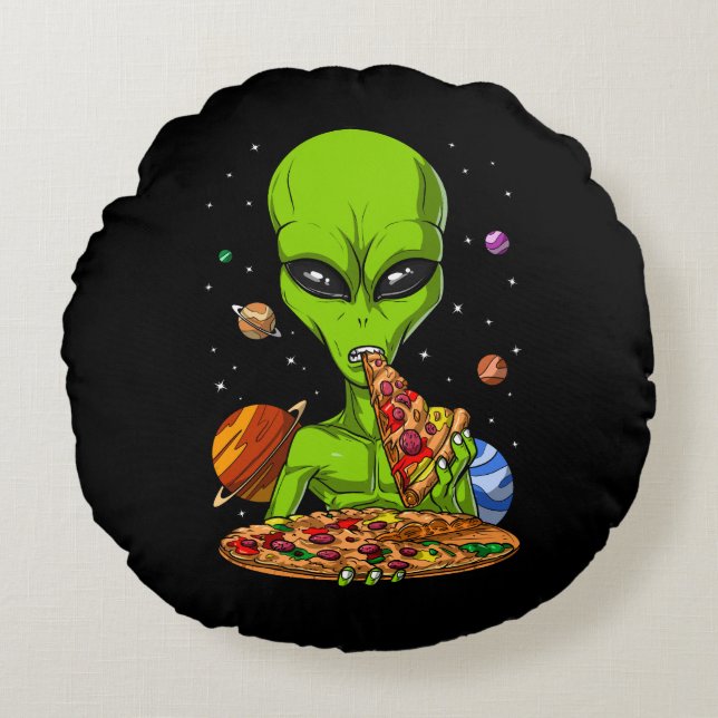 Alien Eating Space Pizza Round Cushion (Front)