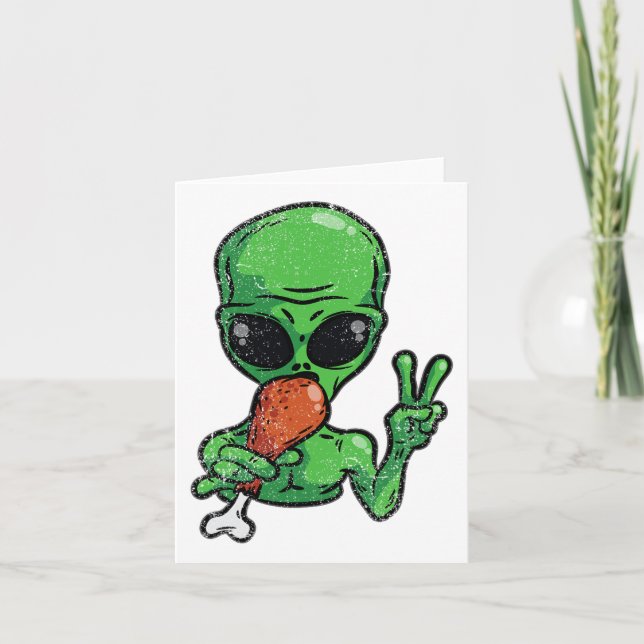 Alien Eating Turkey Thanksgiving Day Funny Ufo Fal Card (Front)