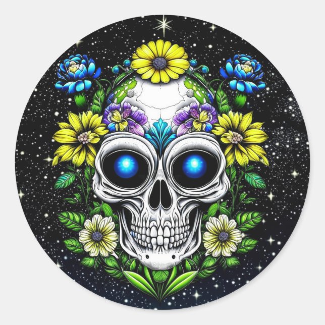 Alien Extraterrestrial with Blue Eyes and Flowers Classic Round Sticker (Front)