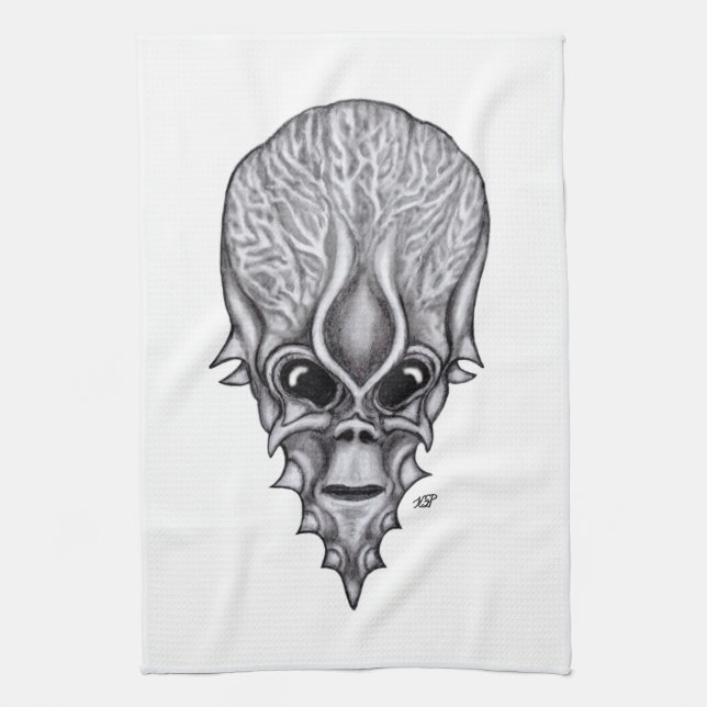 Alien Face , African Skull Facial Reconstruction Tea Towel (Vertical)
