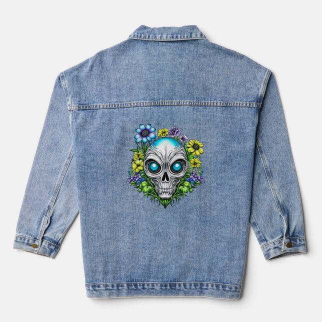 Alien Face and Flowers Ai Art Denim Jacket (Back)
