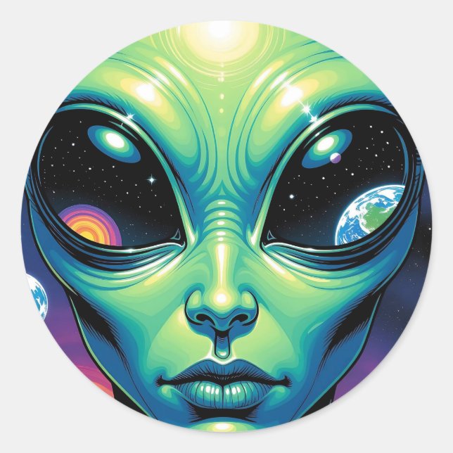 Alien Face with Planets Reflections in Eyes Classic Round Sticker (Front)