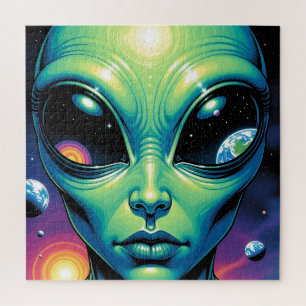 Alien Face with Planets Reflections in Eyes Jigsaw Puzzle