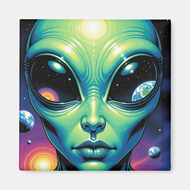 Alien Face with Planets Reflections in Eyes Magnet (Front)