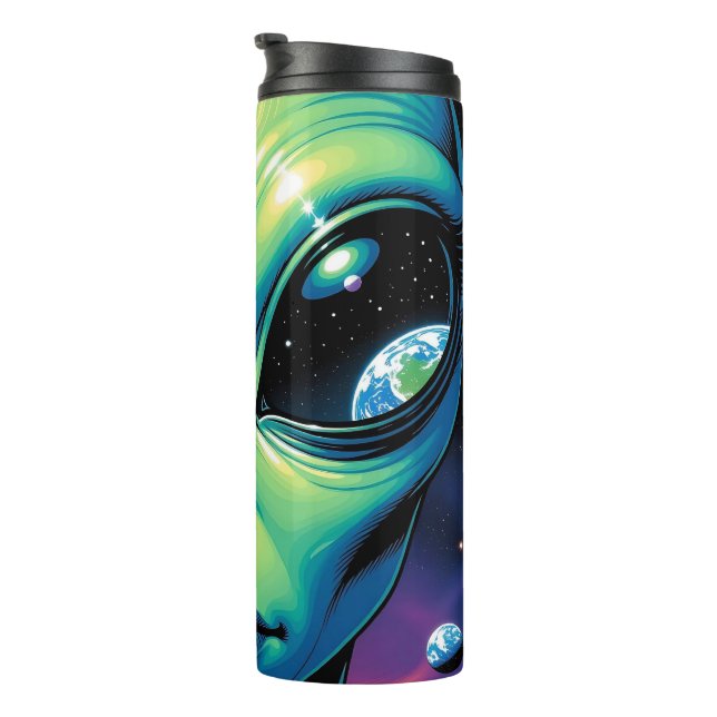 Alien Face with Planets Reflections in Eyes Thermal Tumbler (Rotated Right)