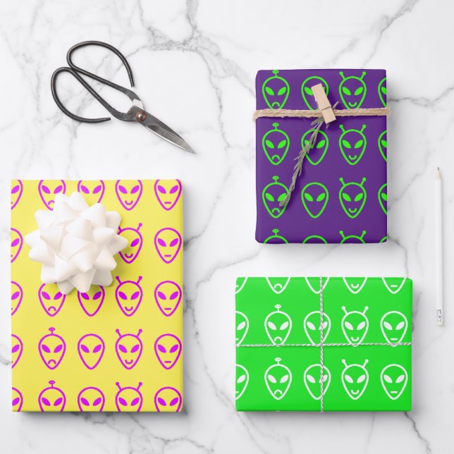 Alien Faces Trio Wrapping Paper Sheet (Front)