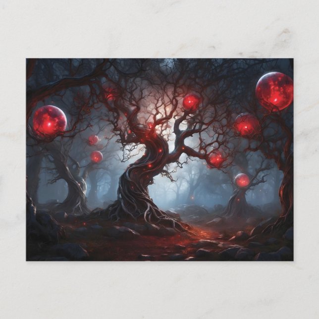 Alien Forest, Twisted Trees, Glowing Red Orbs Postcard (Front)