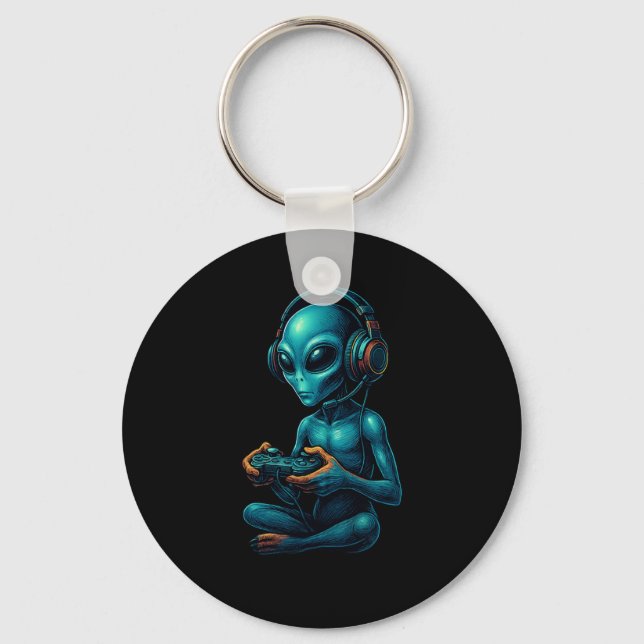 Alien Gaming With Headphones Funny Video Games Gam Key Ring (Front)