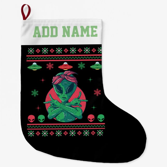 Alien Gangster UFO Ugly Christmas Sweater Large Christmas Stocking (Front)