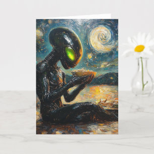 Alien Green Eyes Eating Noodles All Occasions Card
