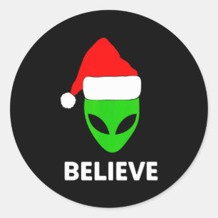 Alien Green Face Christmas Santa Hat Believe  Classic Round Sticker