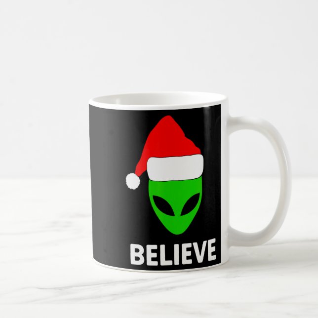 Alien Green Face Christmas Santa Hat Believe  Coffee Mug (Right)