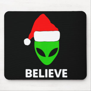 Alien Green Face Christmas Santa Hat Believe Mouse Pad