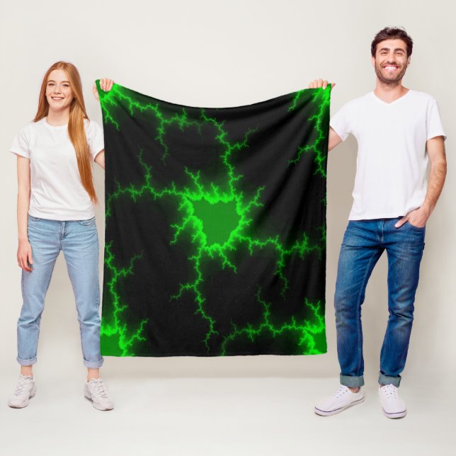 Alien Green Lightning Strikes in Pitch Black Fleece Blanket (In Situ)