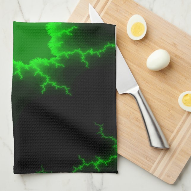 Alien Green Lightning Strikes in Pitch Black Tea Towel (Quarter Fold)