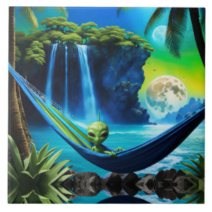 Alien Hammock on Beach Vacation Ceramic Tile