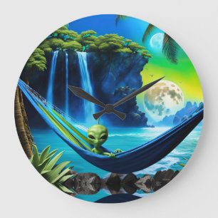 Alien Hammock on Beach Vacation Time Large Clock