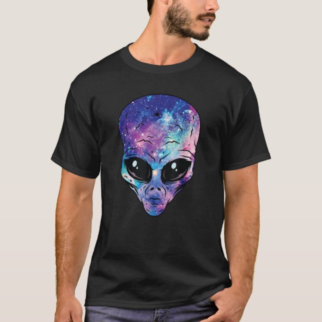 Alien Head Face Starry Night Sky UFO Hunter Space  T-Shirt (Front)