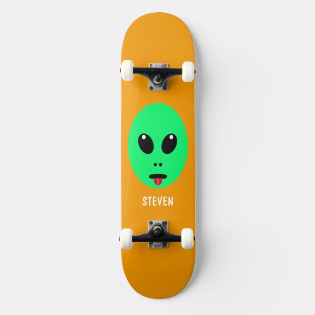 Alien Head Green Orange Personalised Kids Skateboard (Front)