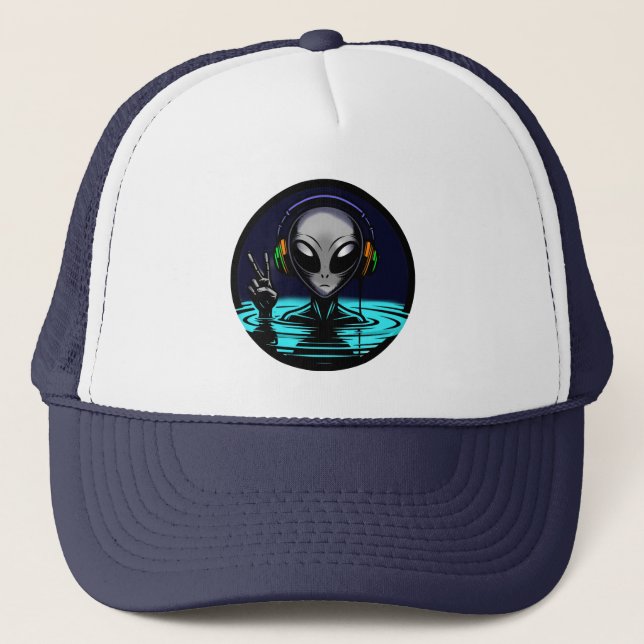 Alien Headphones giving Peace Sign  Trucker Hat (Front)