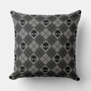 Alien Heads Black & Grey Celestial Argyle Pattern Cushion