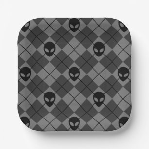 Alien Heads Black & Grey Celestial Argyle Pattern Paper Plate