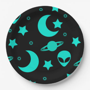Alien Heads in Stars Outer Space Paper Plate