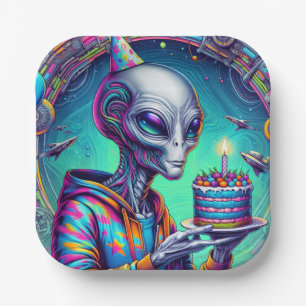 Alien holding Birthday Cake Paper Plate