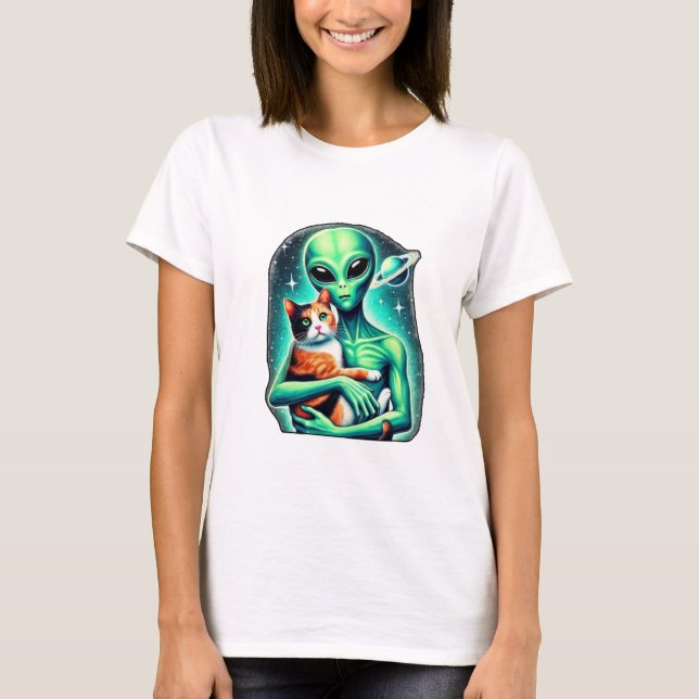Alien Holding Calico Cat T-Shirt (Front)