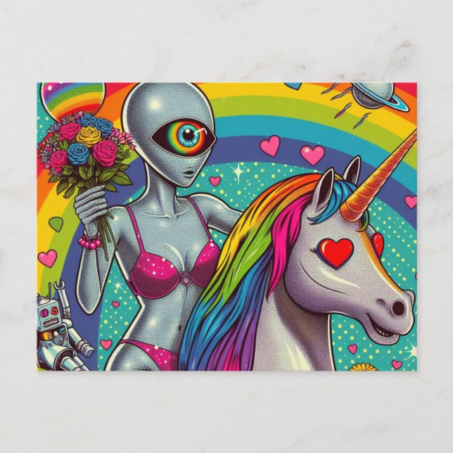 Alien in a bikini on a Unicorn  Postcard (Front)