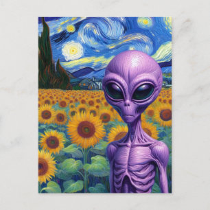 Alien in a Faux Van Gogh Sunflower Field Postcard