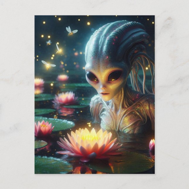 Alien in a Glowing Summer Pond With Pink Flowers Postcard (Front)