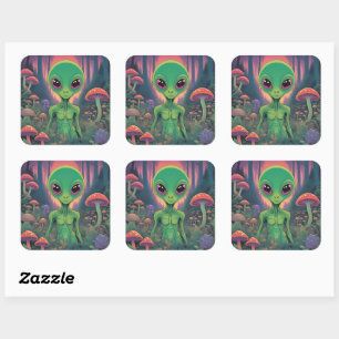Alien in a Mushroom Forest Square Sticker