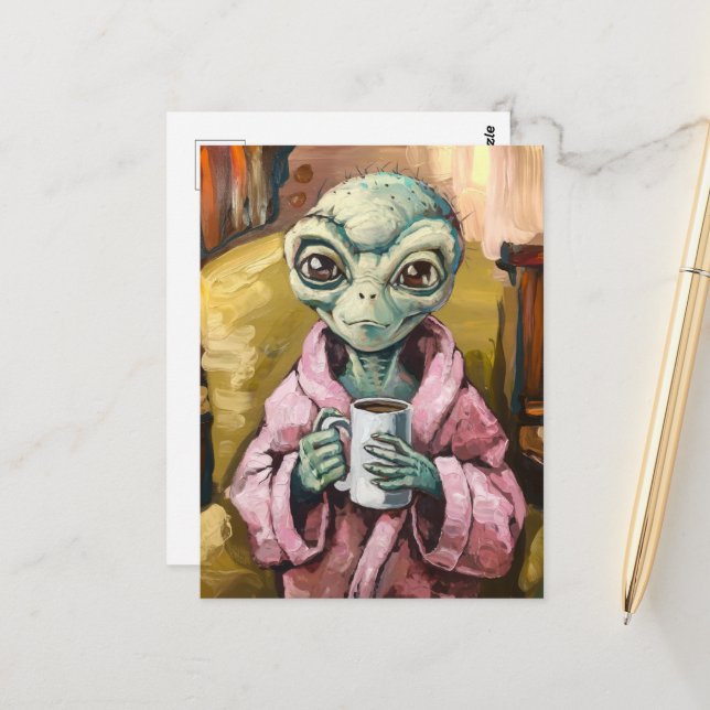 Alien in a Pink Robe With Coffee Postcard (Front/Back In Situ)