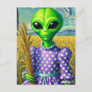 Alien in a Polka Dot Dress in Wheat Field Postcard
