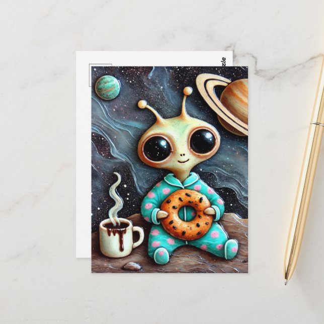Alien in Blue PJs with a Coffee and Bagel Postcard (Front/Back In Situ)