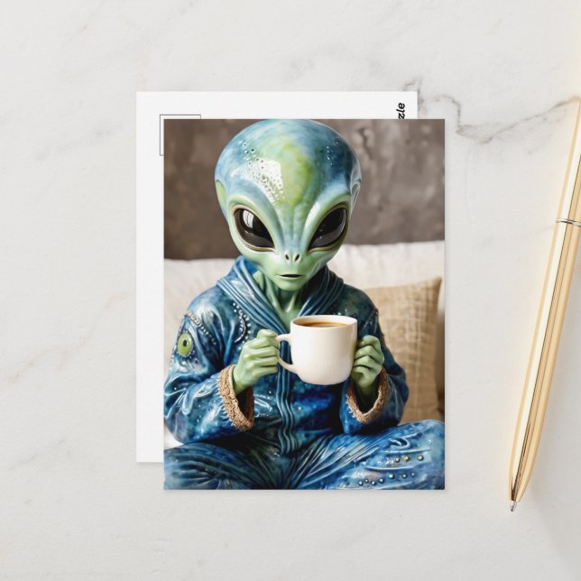 Alien in Blue PJs with a Coffee Postcard (Front/Back In Situ)