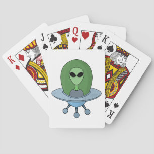Alien in his little spaceship playing cards