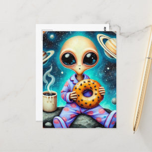 Alien in PJs with a Coffee and Bagel Postcard