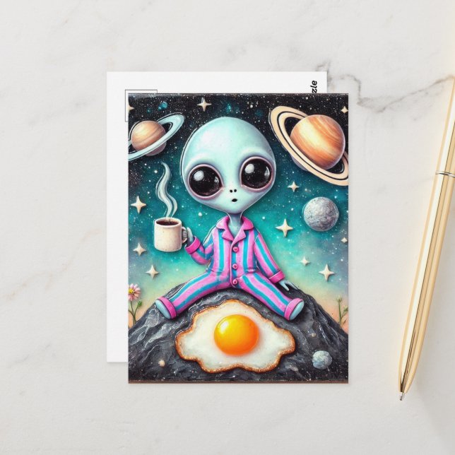Alien in PJs with a Coffee and Egg Postcard (Front/Back In Situ)