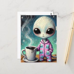 Alien in PJs with a Coffee Postcard