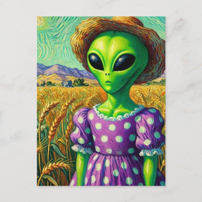 Alien in Polka Dot Dress and Straw Hat Wheat Field Postcard (Front)