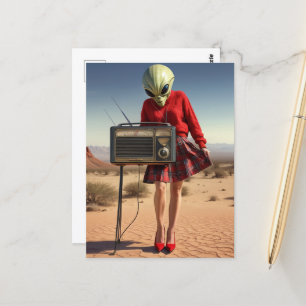 Alien in Red Plaid Skirt With Radio in the Desert Postcard