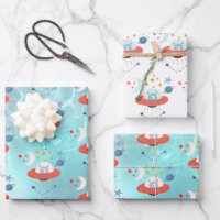 Alien in Spaceship Pattern Boy Birthday White Teal