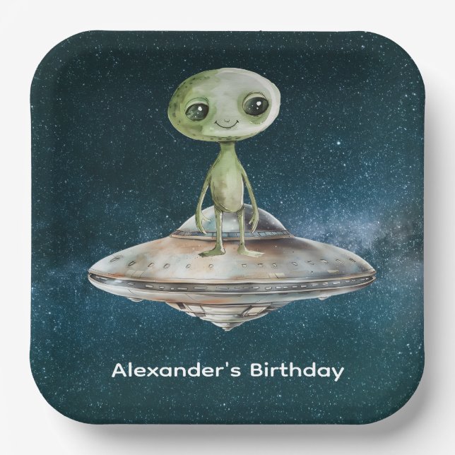Alien Invasion Outer Space Birthday Paper Plate (Front)