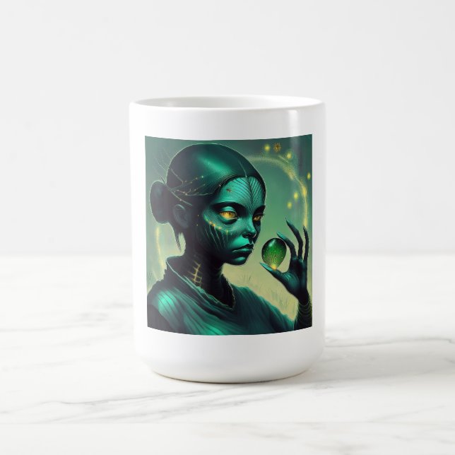 Alien Lady Holds Transparent Glass Object Coffee Mug (Center)