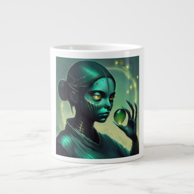 Alien Lady Holds Transparent Glass Object Large Coffee Mug (Front)